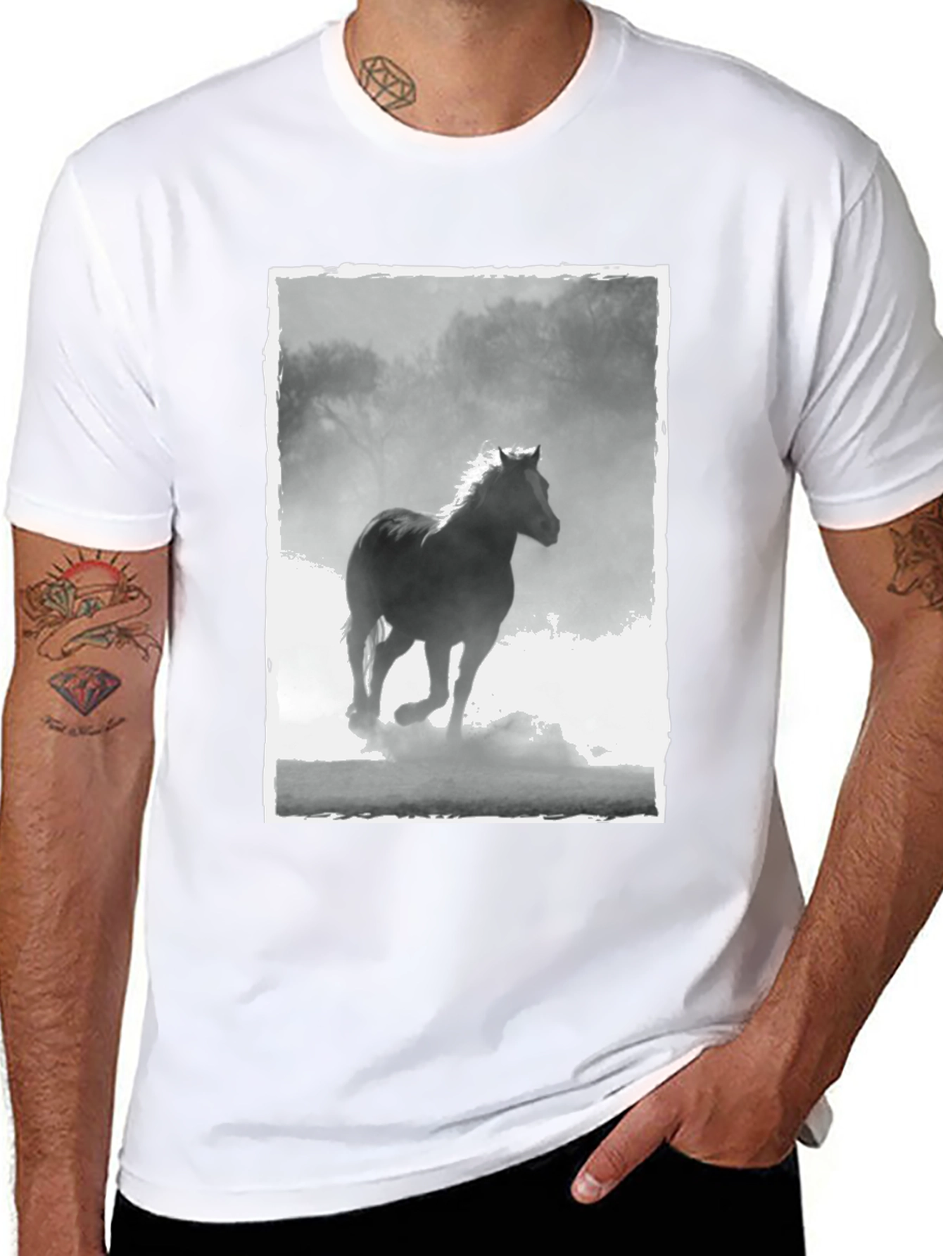 Horse Graphic Tee - Black Cotton Casual T-Shirt