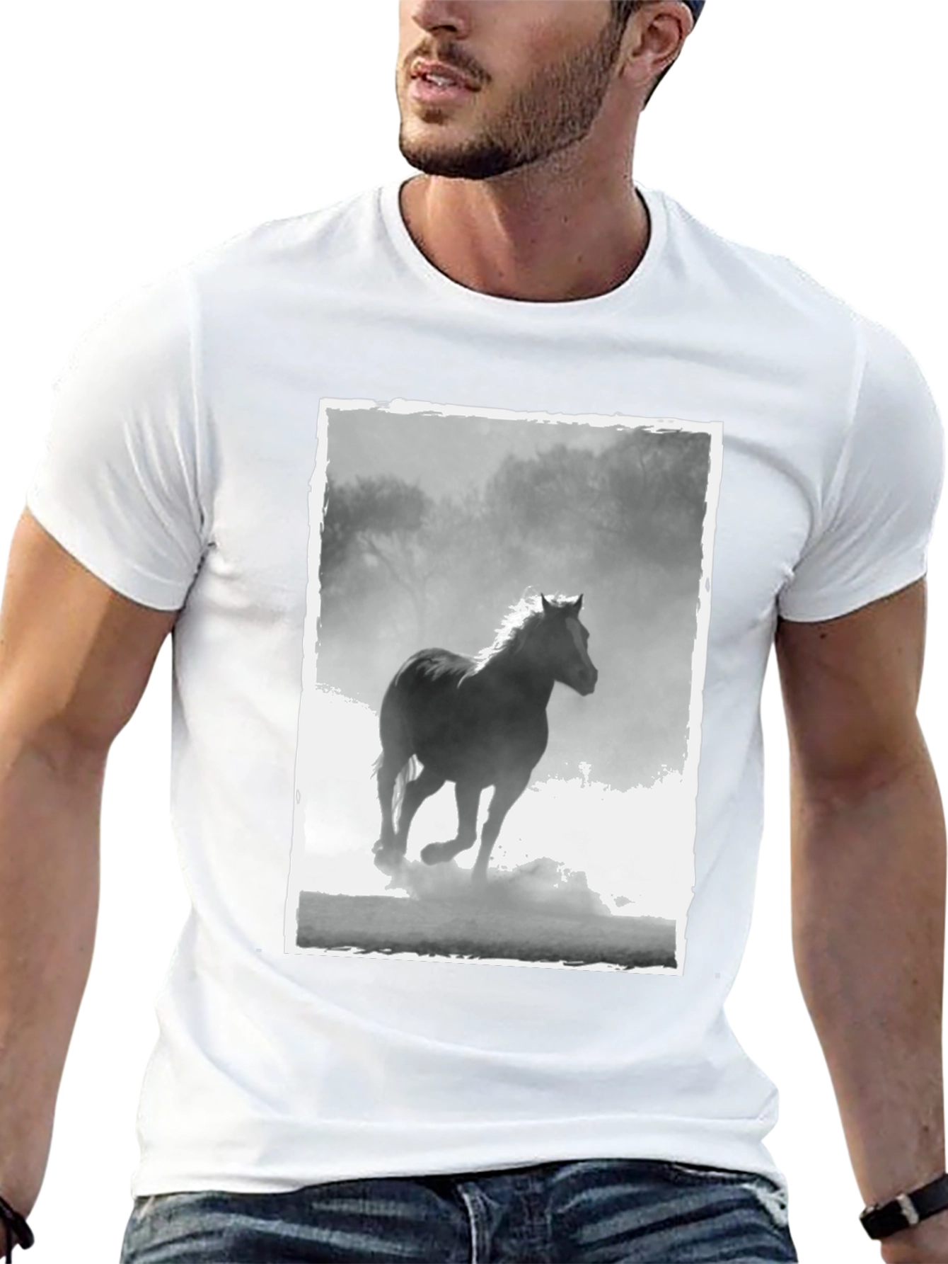 Horse Graphic Tee - Black Cotton Casual T-Shirt