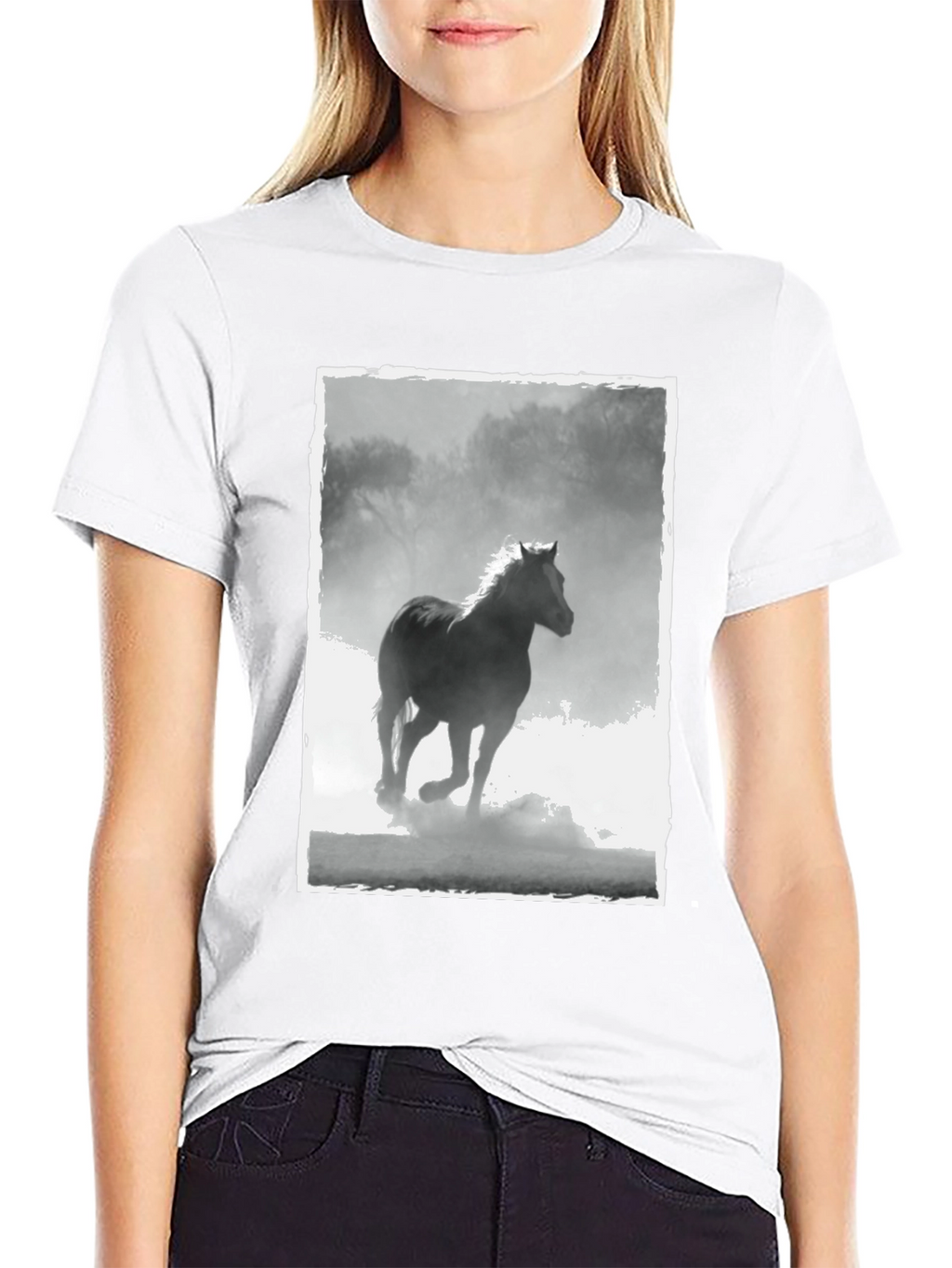 Horse Graphic Tee - Black Cotton Casual T-Shirt