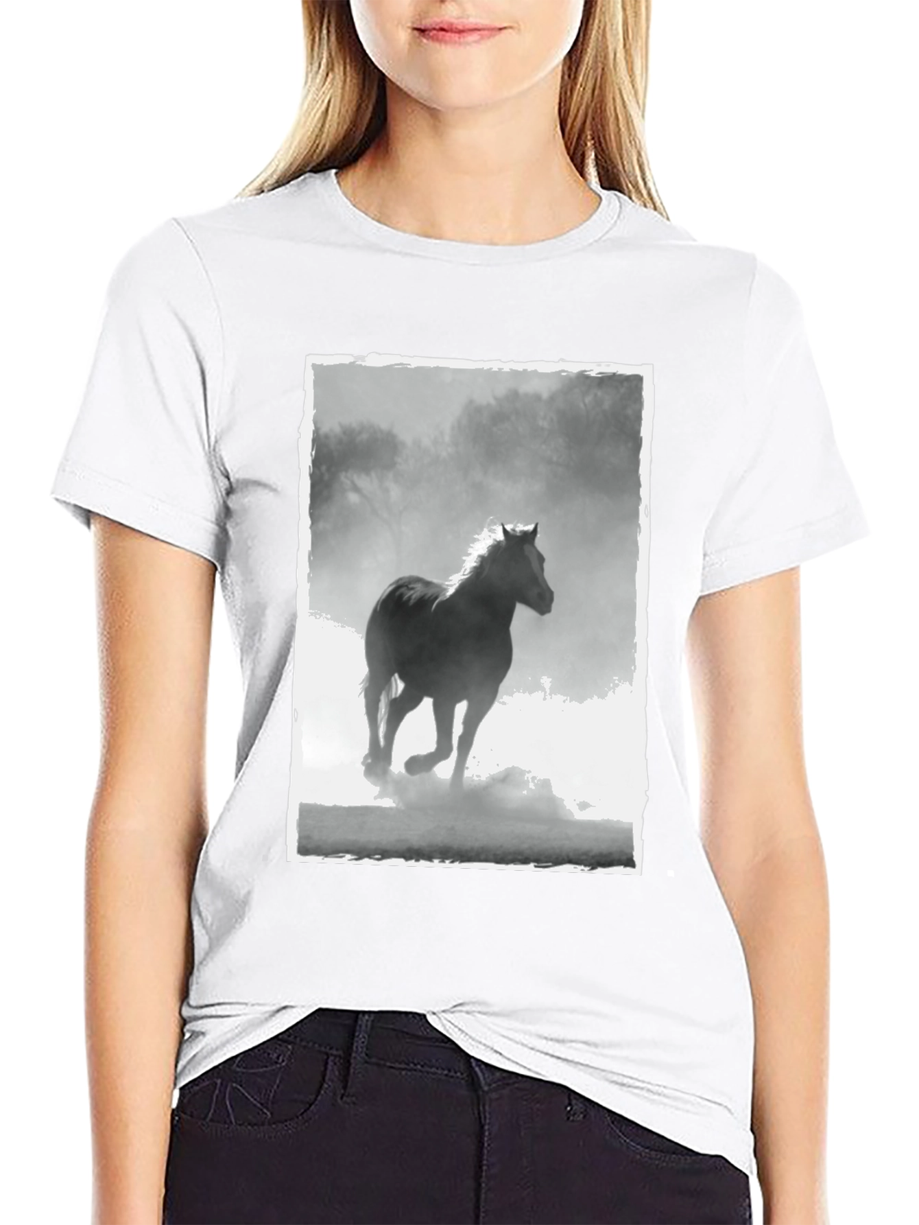 Horse Graphic Tee - Black Cotton Casual T-Shirt