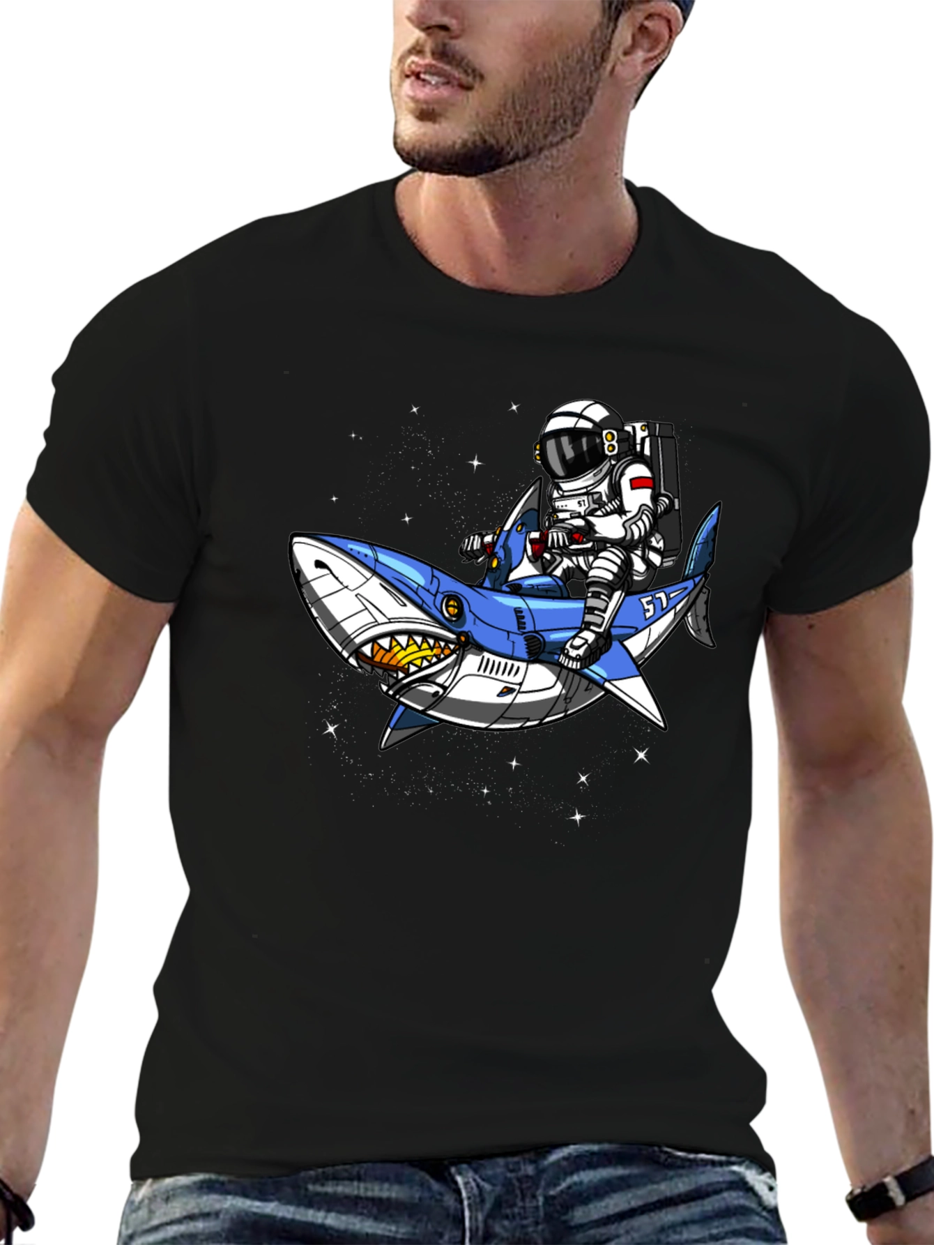 Astronaut Shark Rider Graphic Tee - Black