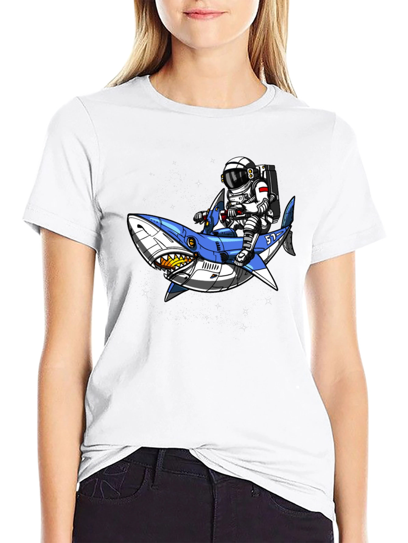 Astronaut Shark Rider Graphic Tee - Black