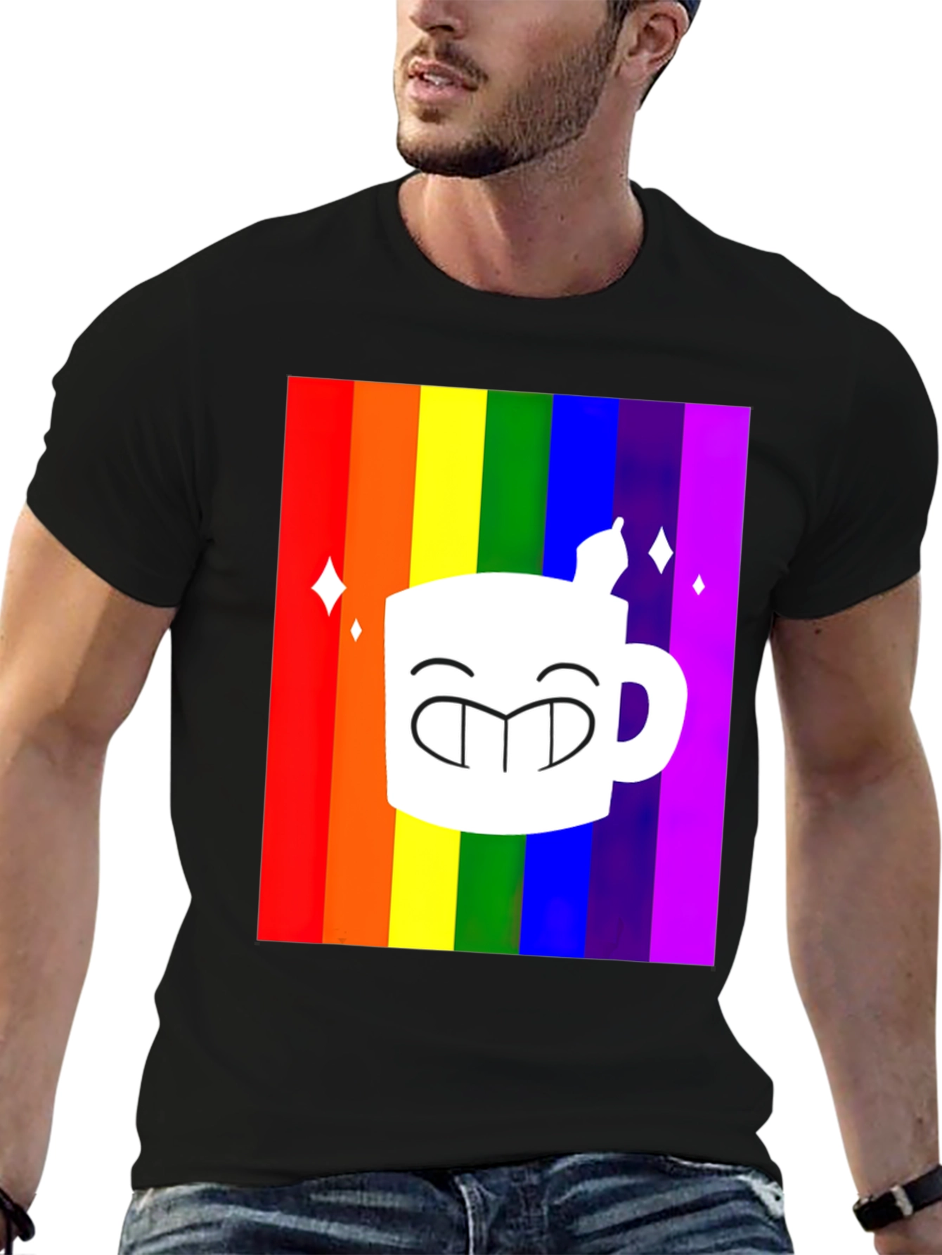 Rainbow Coffee Mug Graphic Tee - Black T-Shirt
