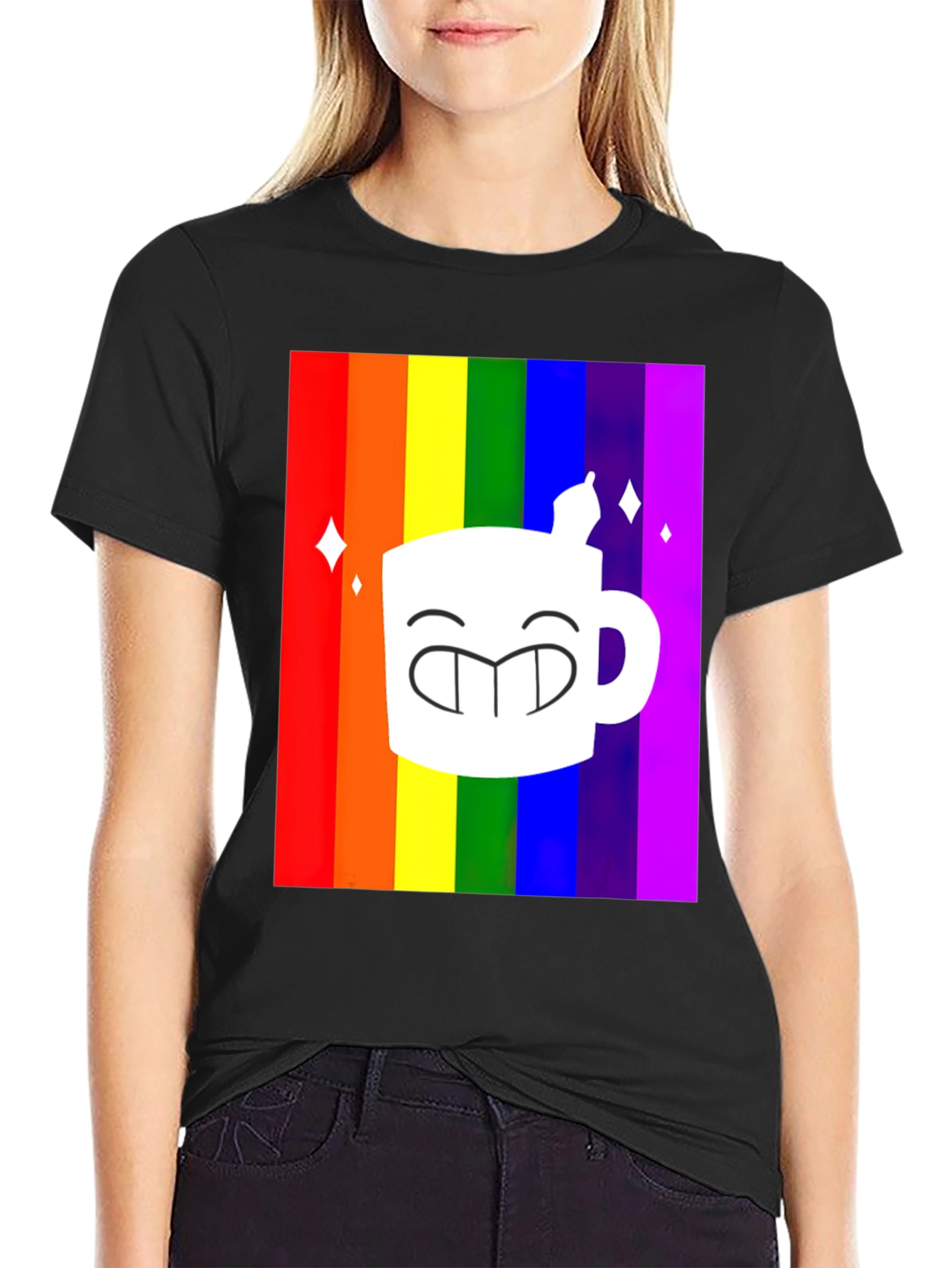 Rainbow Coffee Mug Graphic Tee - Black T-Shirt