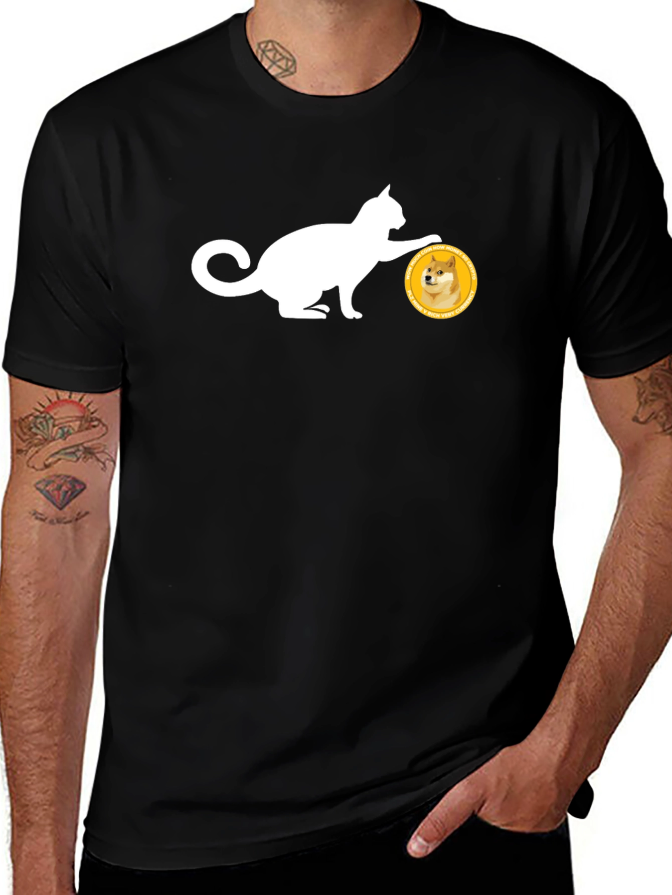 Cat Pushing Doge Coin Black T-Shirt