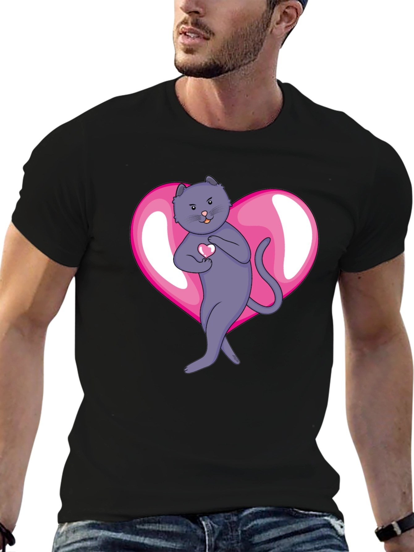 Heart Cat Graphic Tee - Mens Black T-Shirt