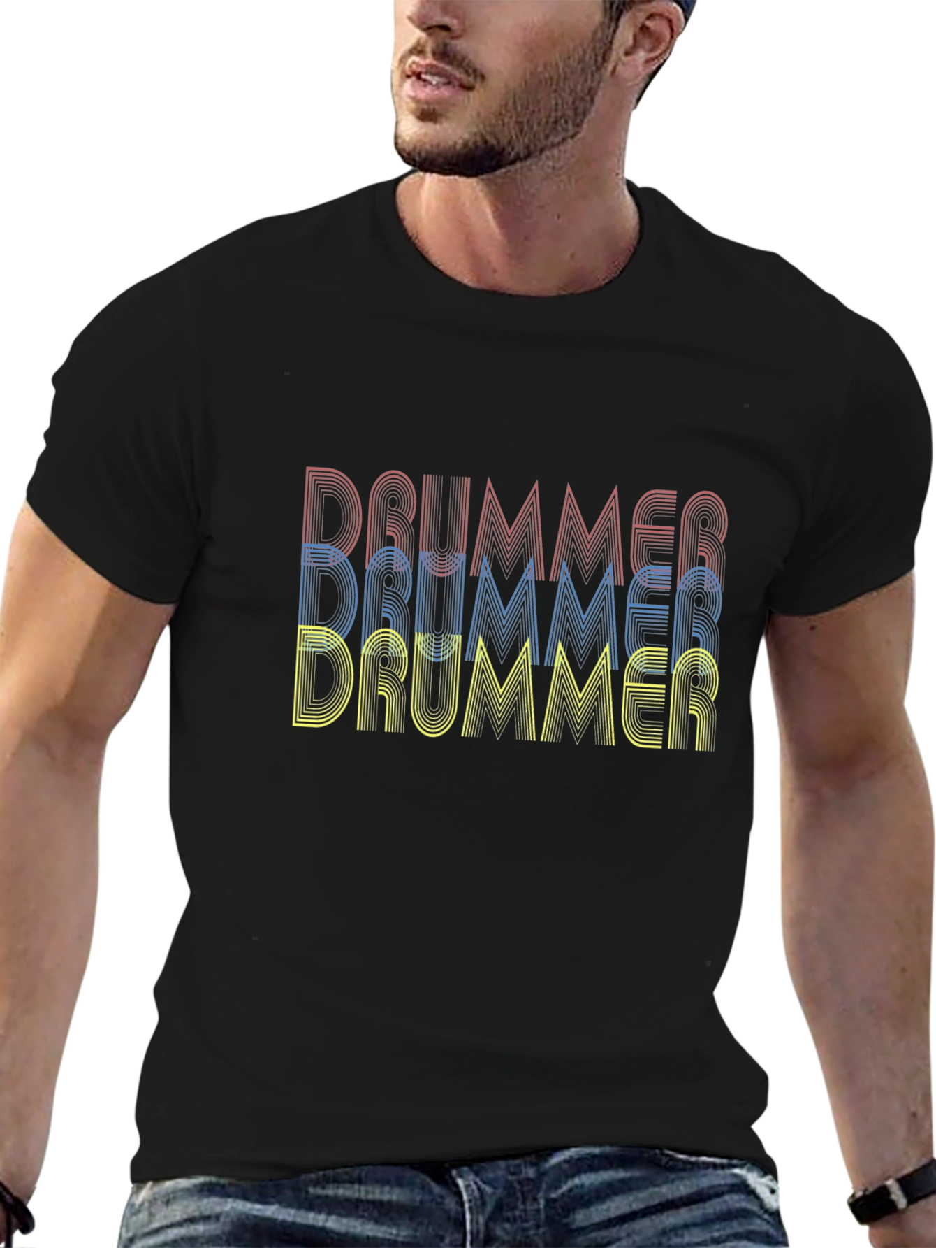 Drummer Retro Style Graphic Tee - Black Cotton T-Shirt