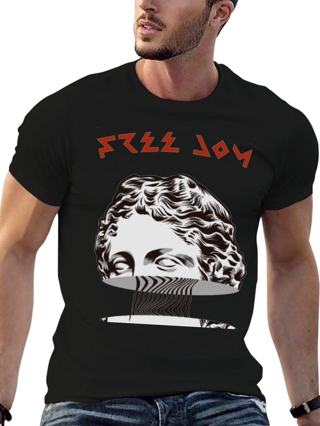 Free Joy Black Graphic Tee with Statue Design