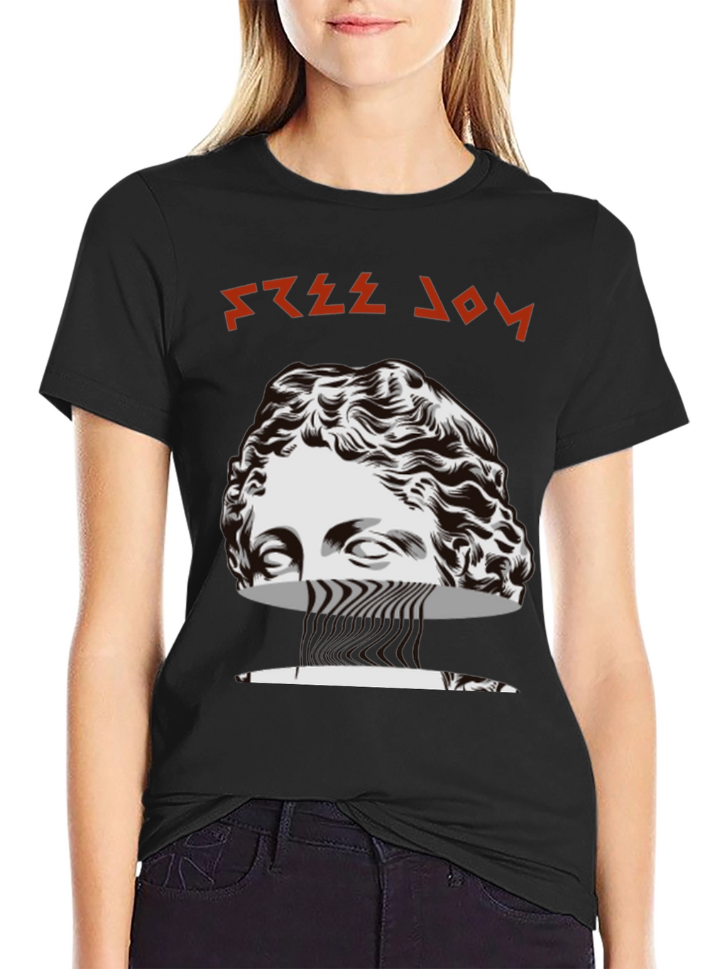 Free Joy Black Graphic Tee with Statue Design