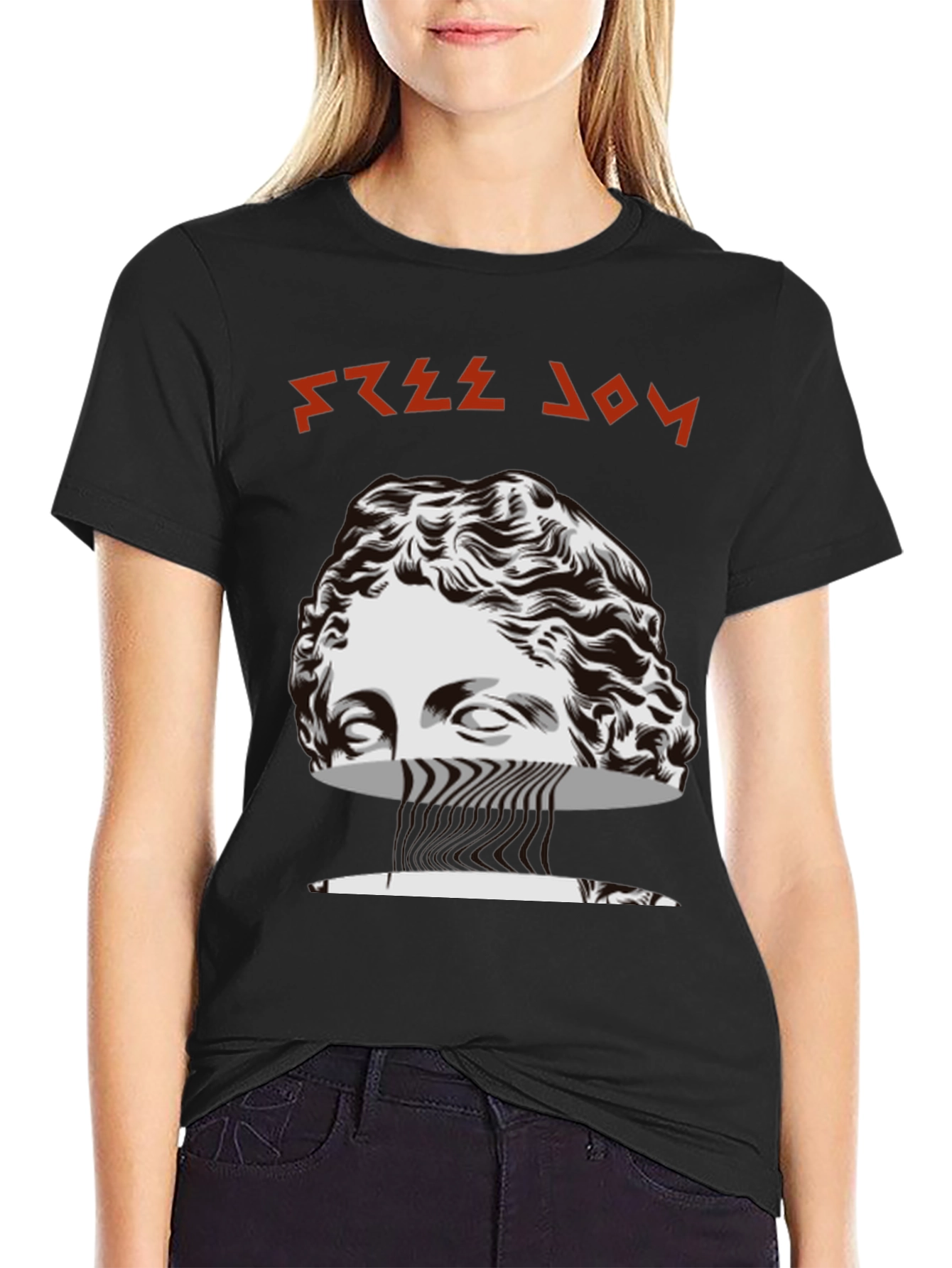 Free Joy Black Graphic Tee with Statue Design