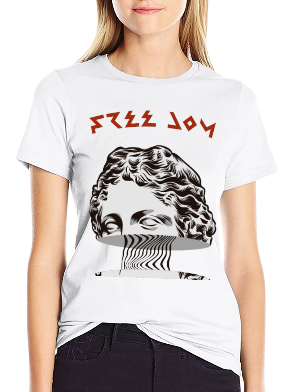 Free Joy Black Graphic Tee with Statue Design