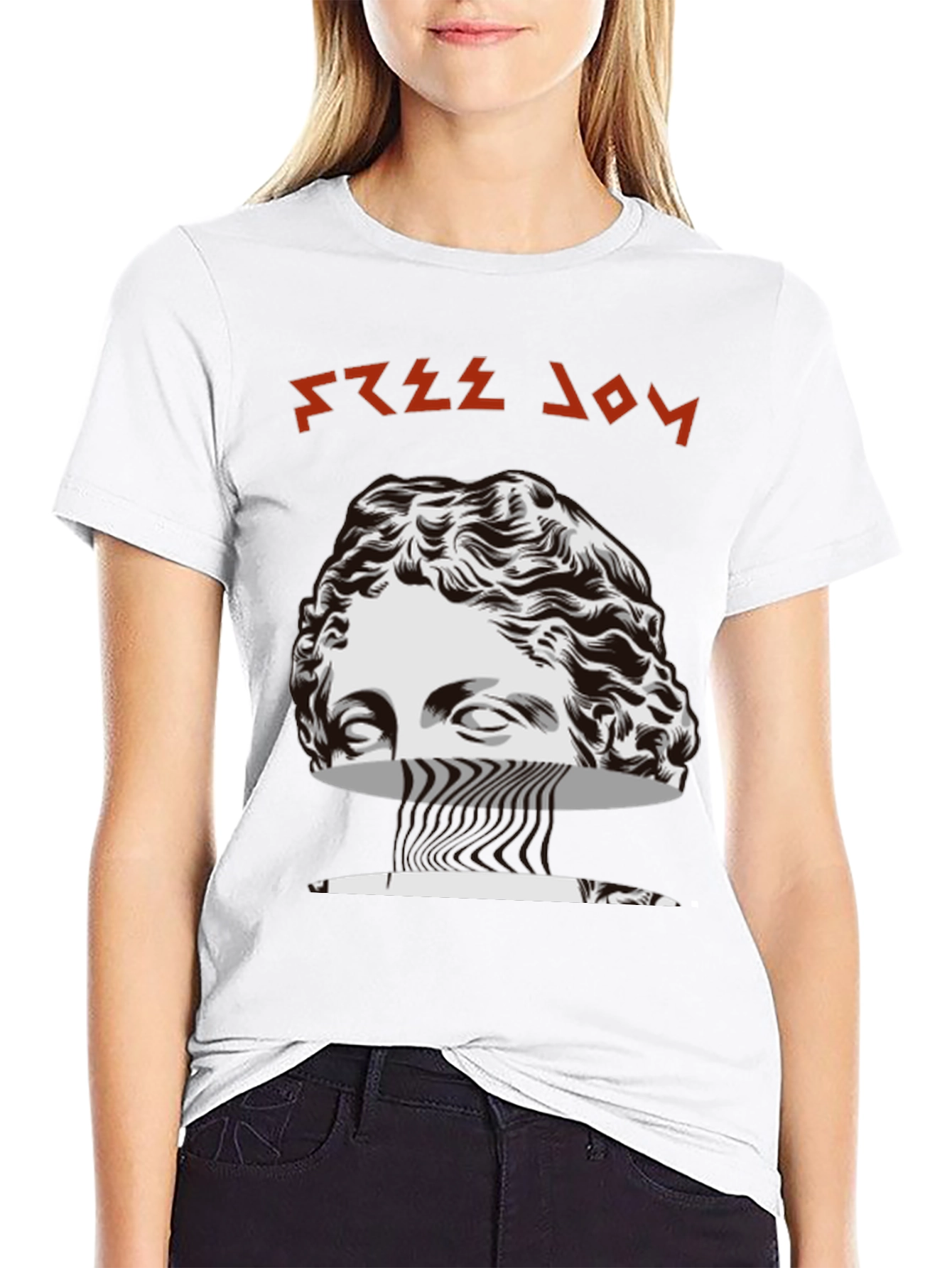Free Joy Black Graphic Tee with Statue Design
