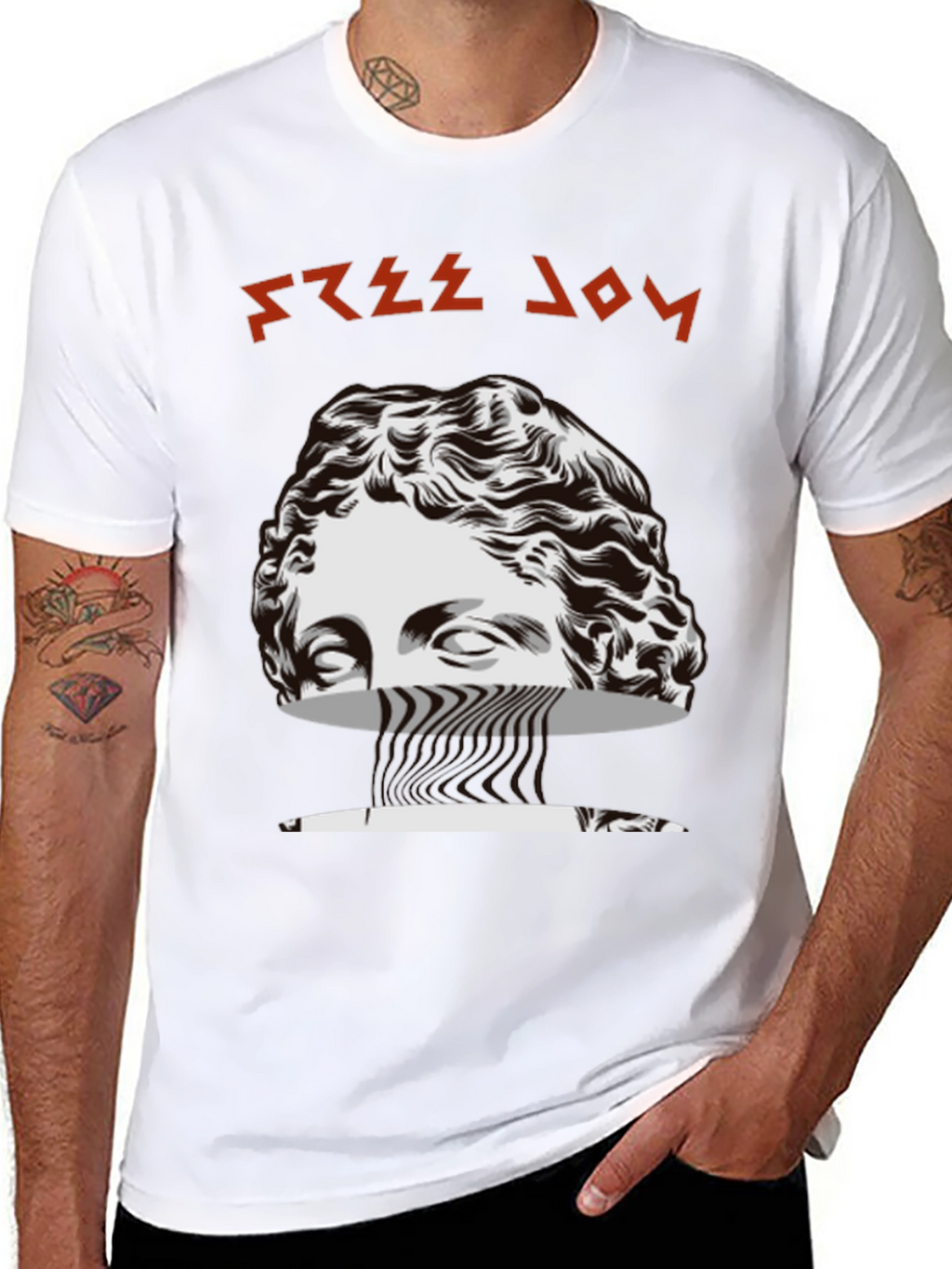 Free Joy Black Graphic Tee with Statue Design