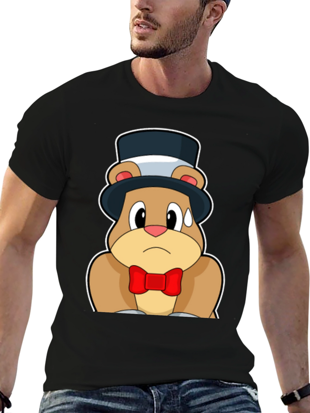Cartoon Bear Top Hat Bowtie Black T-Shirt
