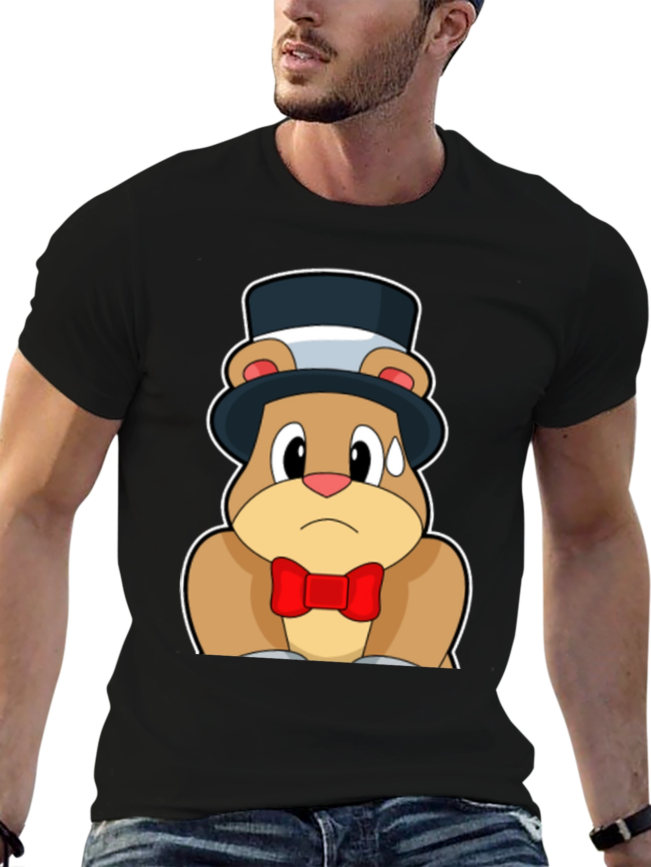 Cartoon Bear Top Hat Bowtie Black T-Shirt