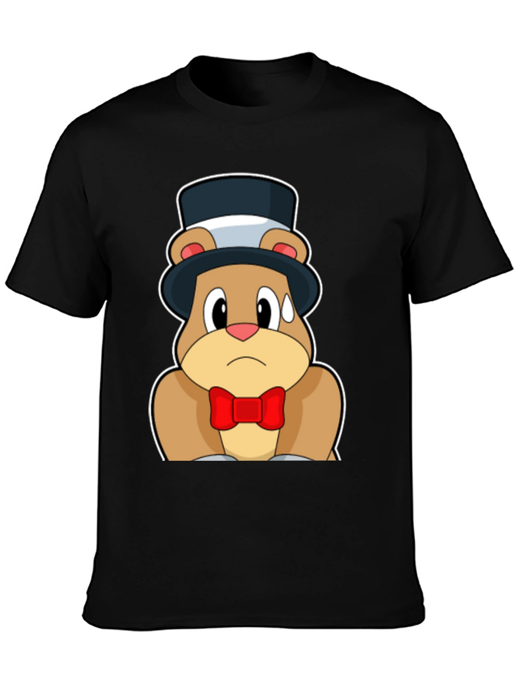 Cartoon Bear Top Hat Bowtie Black T-Shirt