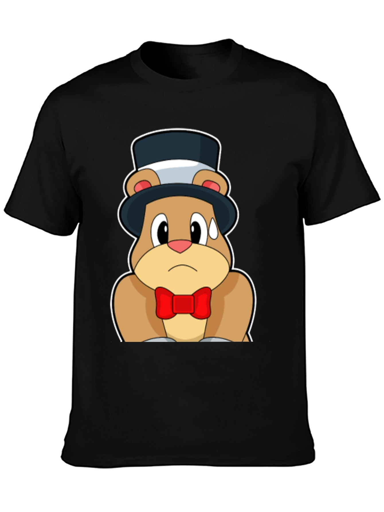 Cartoon Bear Top Hat Bowtie Black T-Shirt