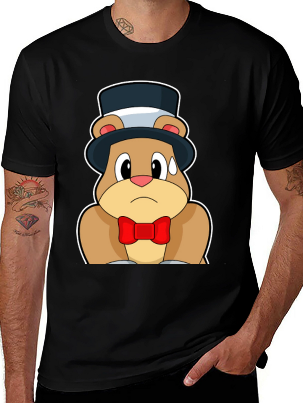 Cartoon Bear Top Hat Bowtie Black T-Shirt
