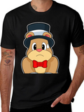 Cartoon Bear Top Hat Bowtie Black T-Shirt