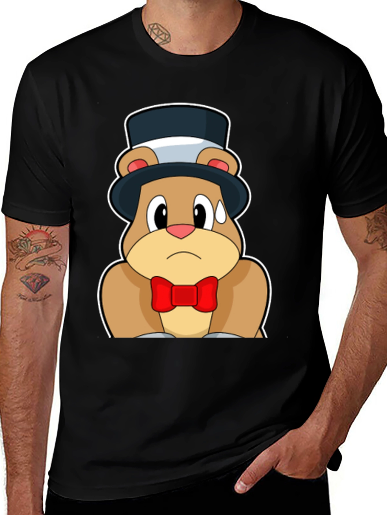 Cartoon Bear Top Hat Bowtie Black T-Shirt