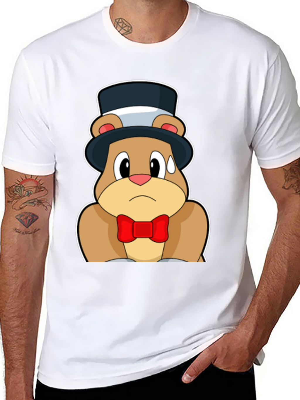 Cartoon Bear Top Hat Bowtie Black T-Shirt