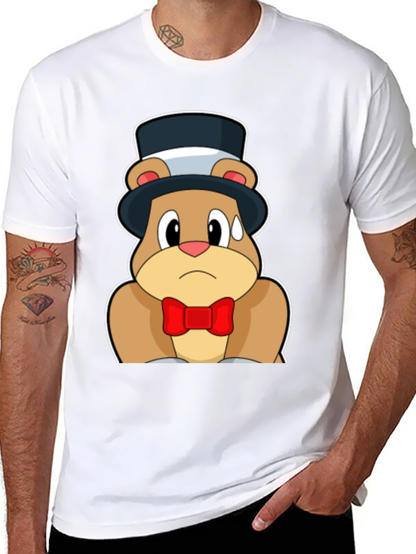 Cartoon Bear Top Hat Bowtie Black T-Shirt