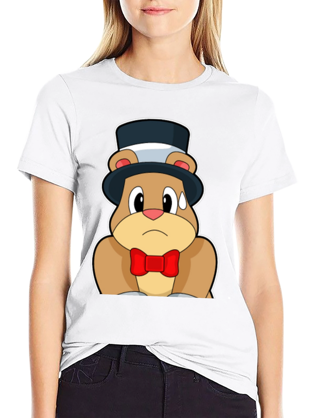 Cartoon Bear Top Hat Bowtie Black T-Shirt