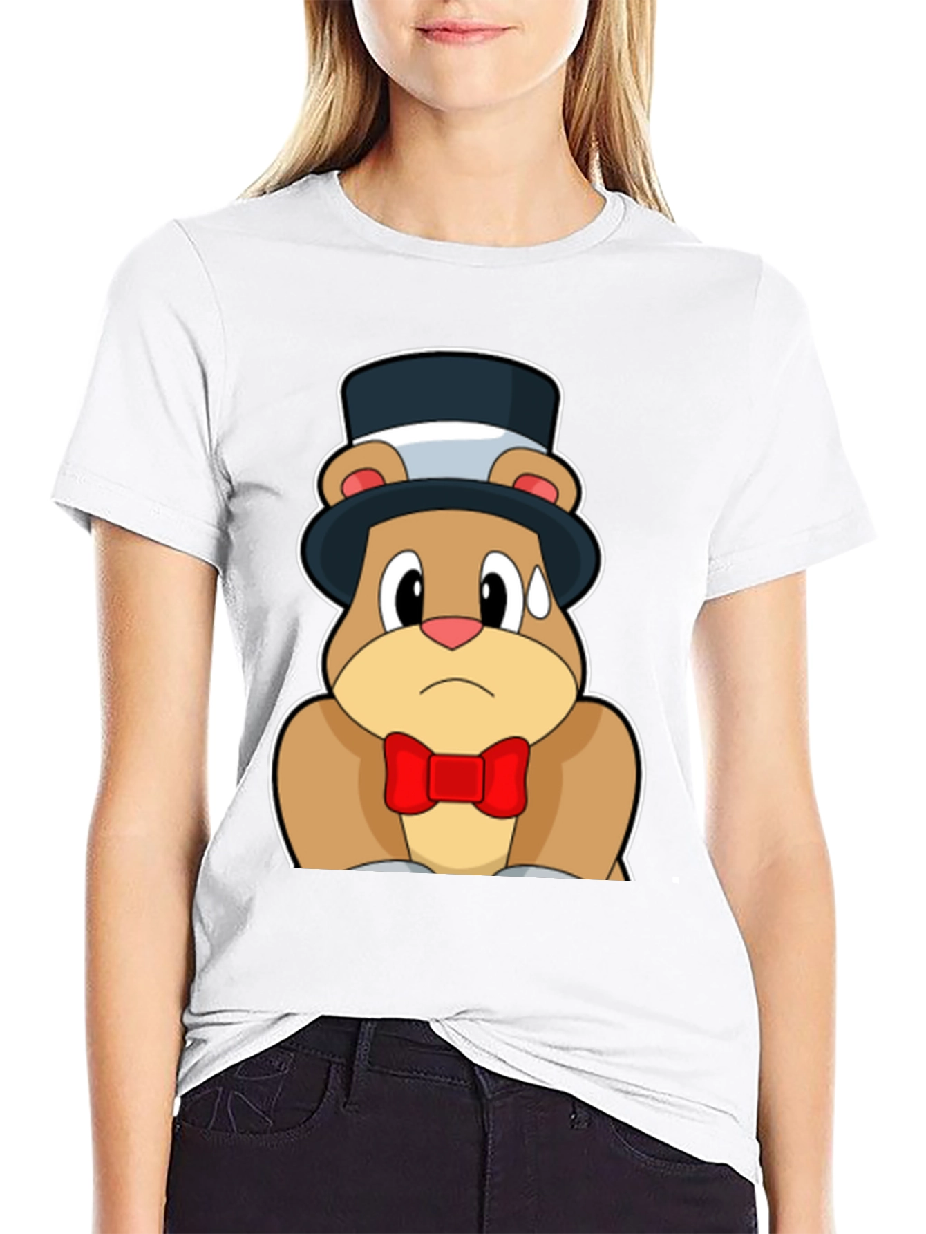 Cartoon Bear Top Hat Bowtie Black T-Shirt