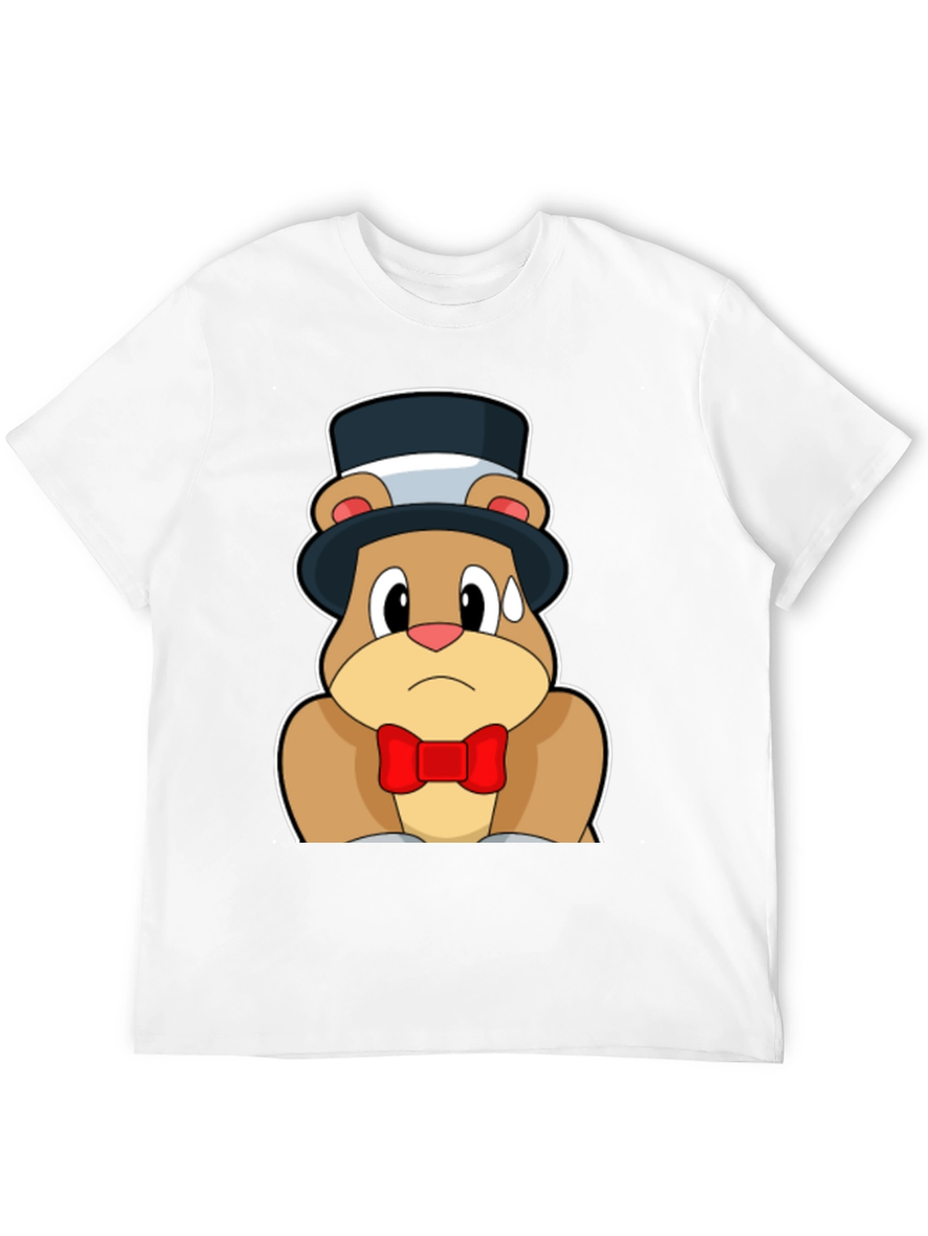 Cartoon Bear Top Hat Bowtie Black T-Shirt
