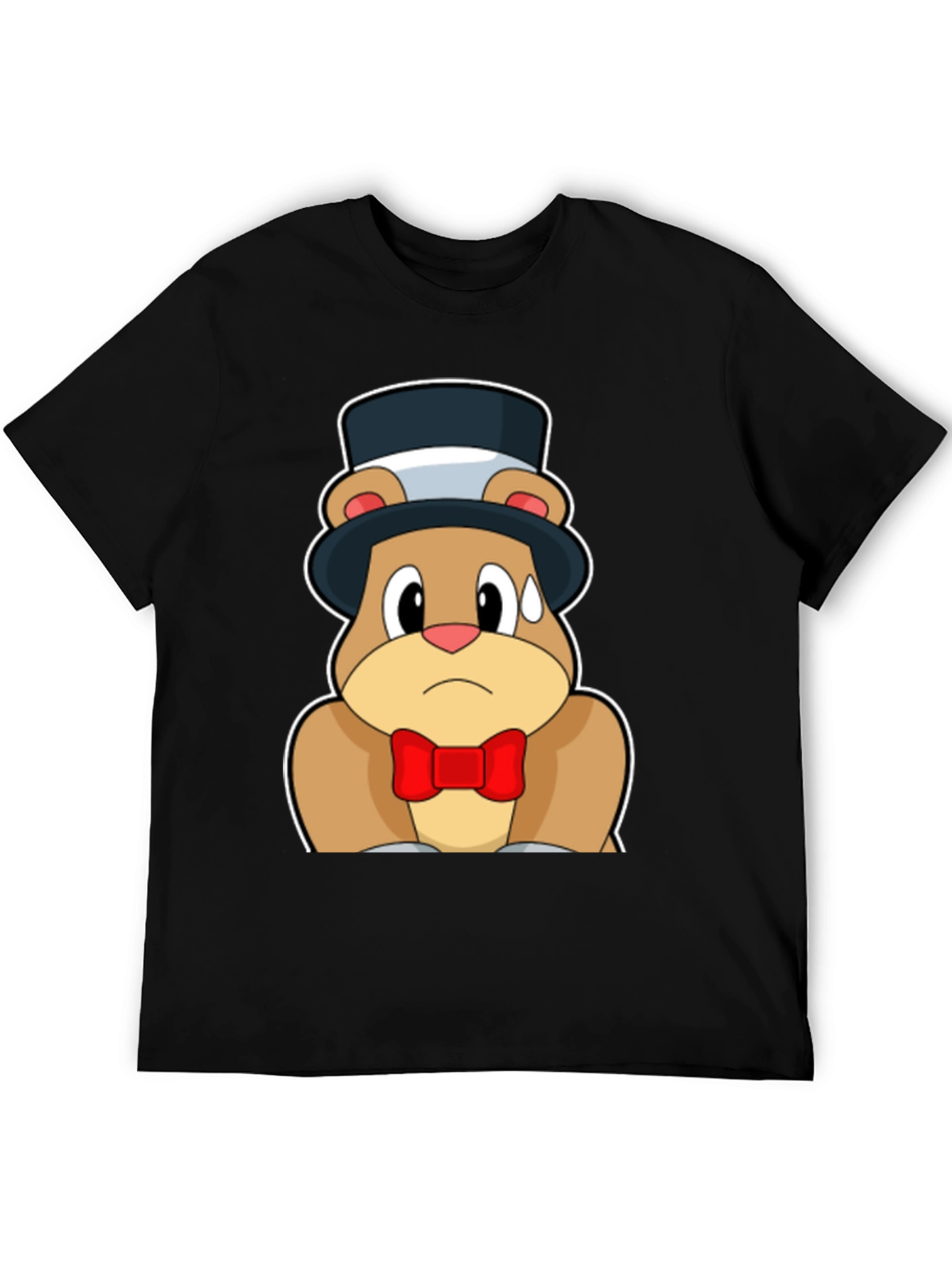 Cartoon Bear Top Hat Bowtie Black T-Shirt