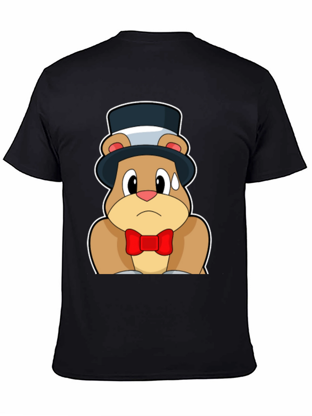 Cartoon Bear Top Hat Bowtie Black T-Shirt
