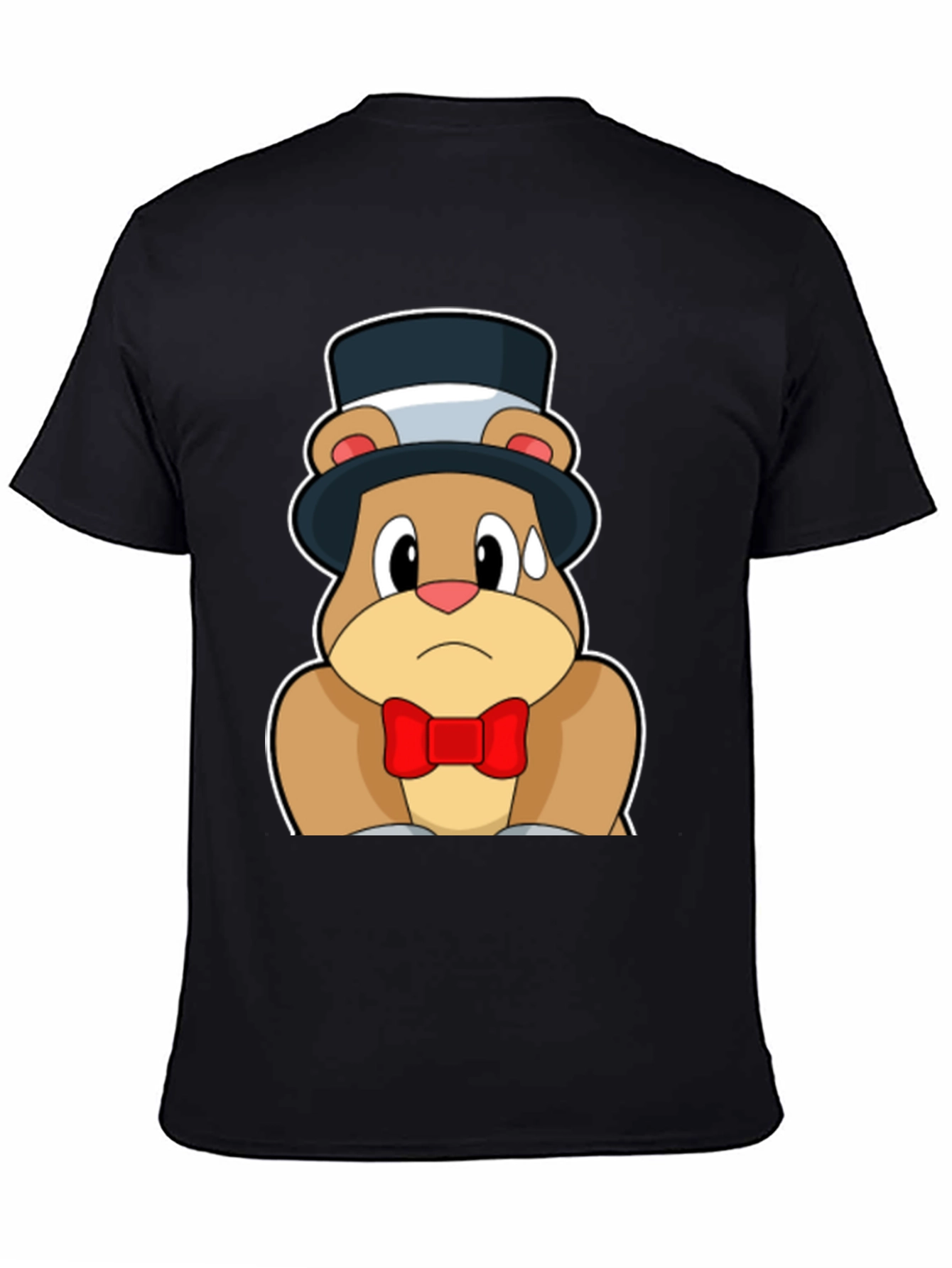 Cartoon Bear Top Hat Bowtie Black T-Shirt