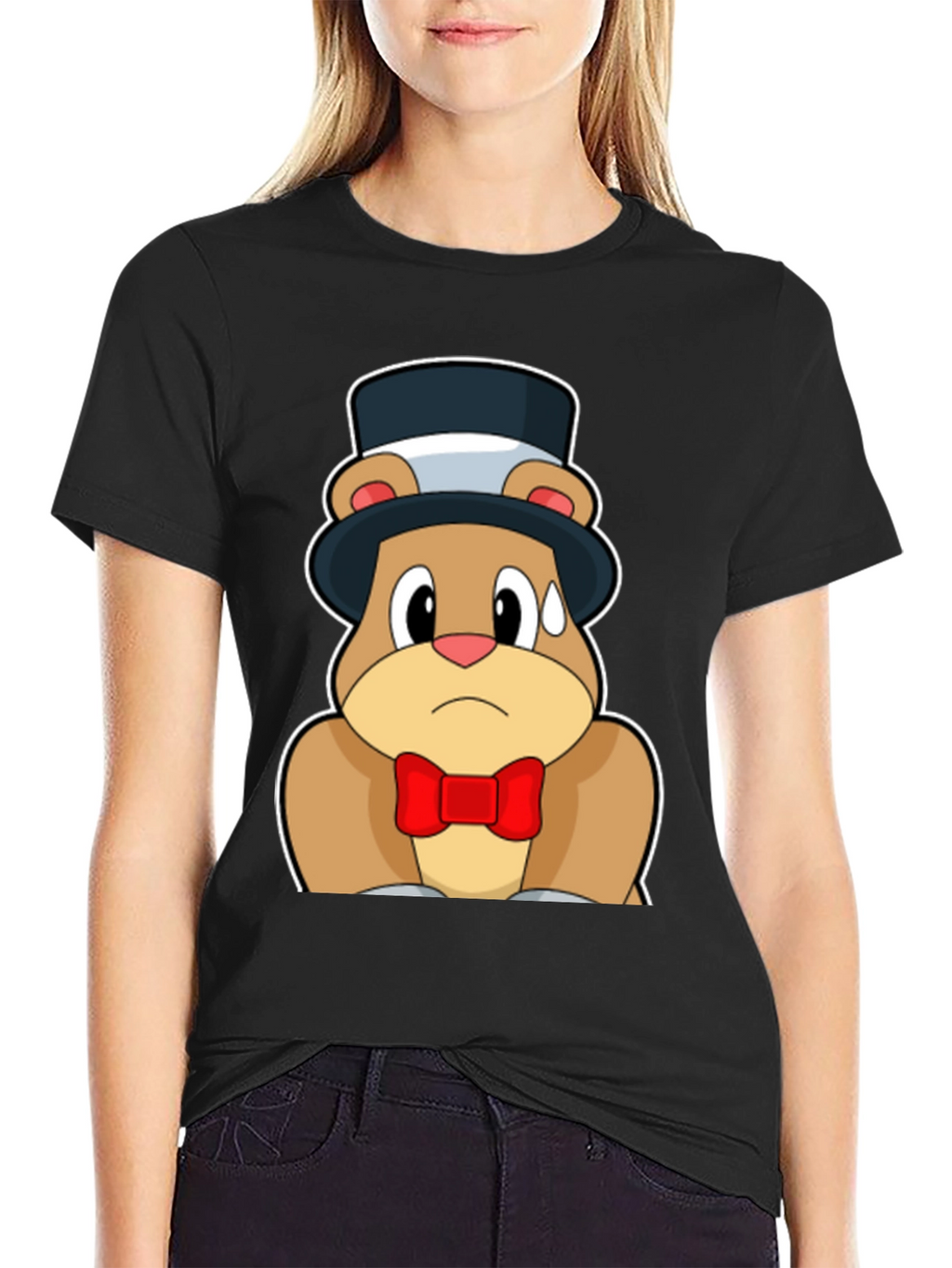 Cartoon Bear Top Hat Bowtie Black T-Shirt