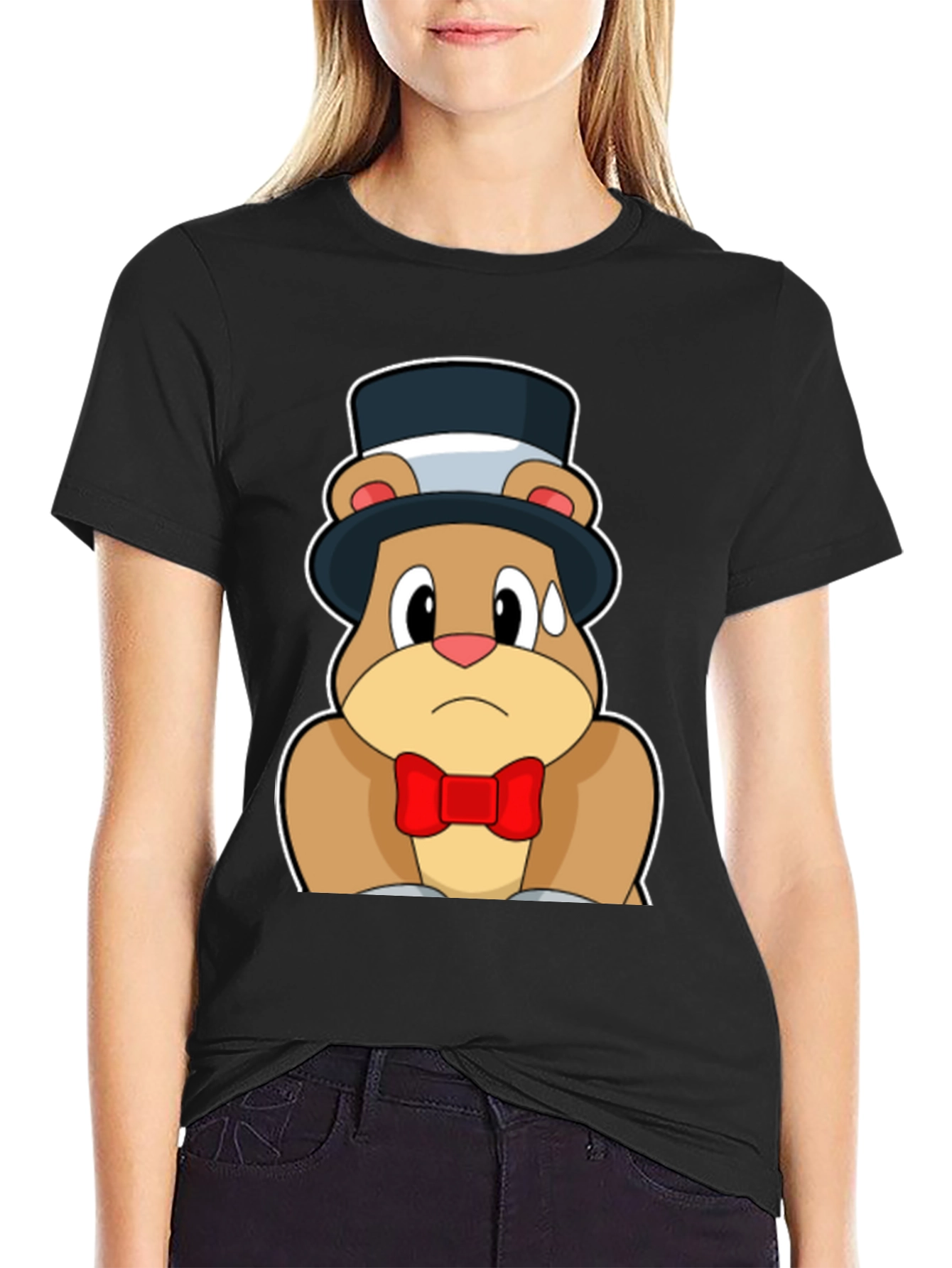 Cartoon Bear Top Hat Bowtie Black T-Shirt