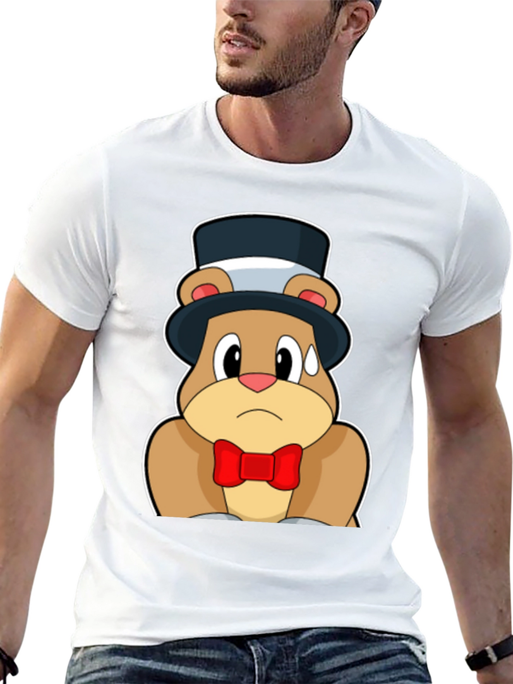 Cartoon Bear Top Hat Bowtie Black T-Shirt