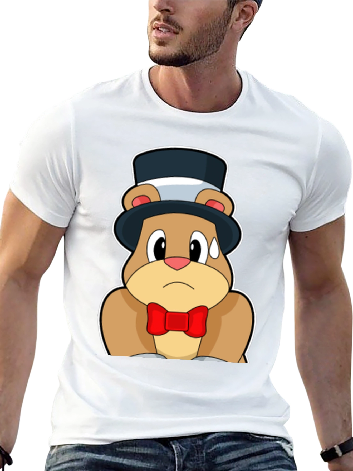 Cartoon Bear Top Hat Bowtie Black T-Shirt