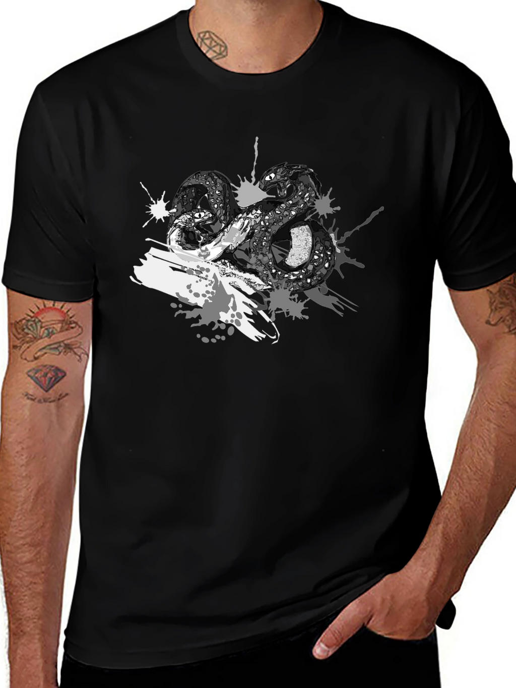 Mens Black T-Shirt with Snake Print