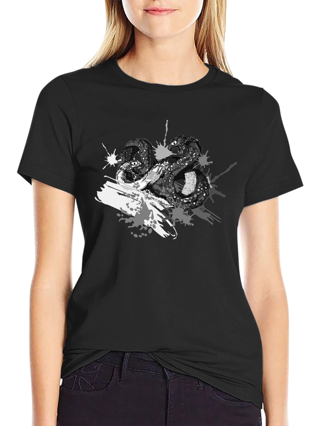 Mens Black T-Shirt with Snake Print
