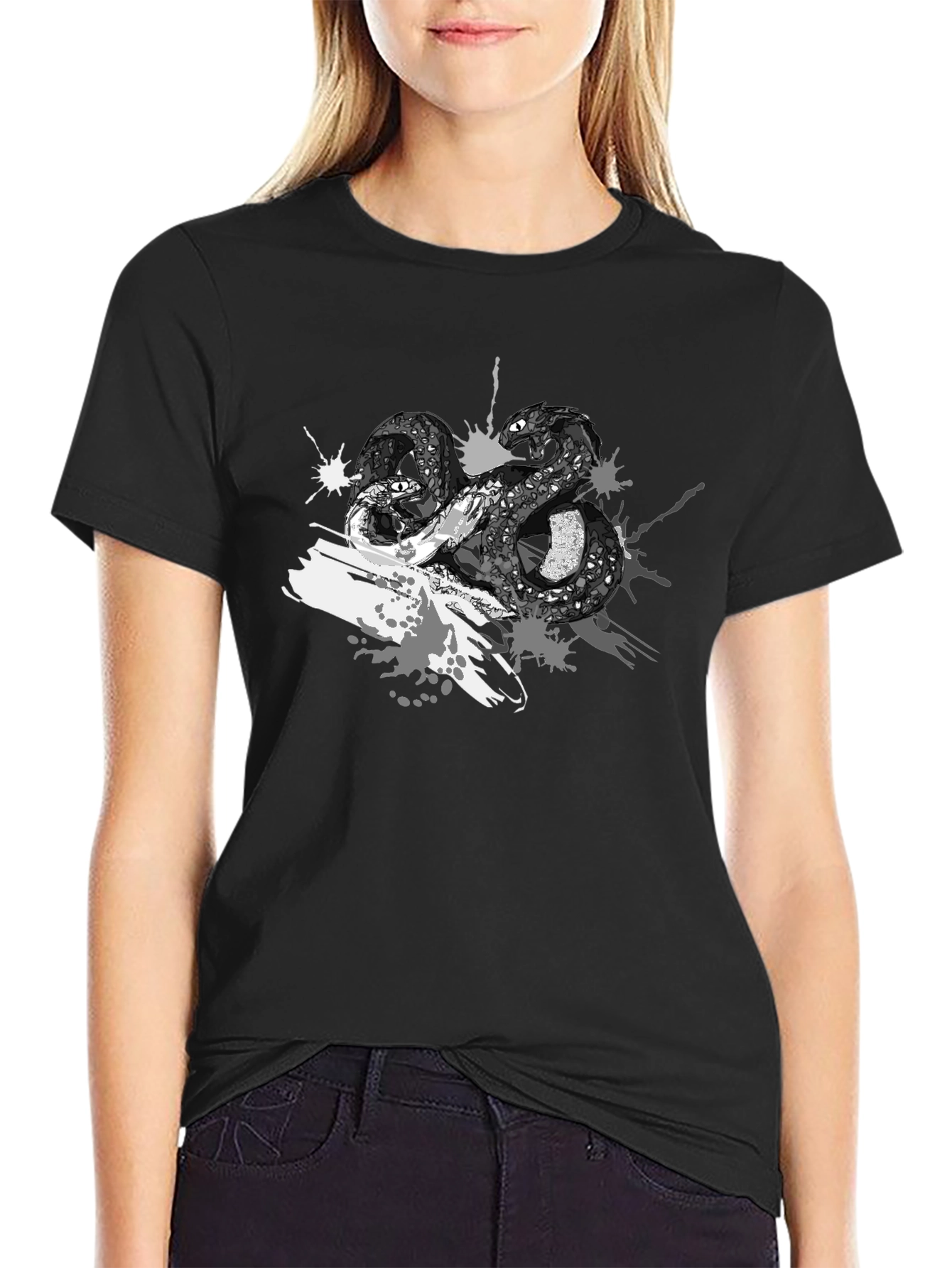 Mens Black T-Shirt with Snake Print