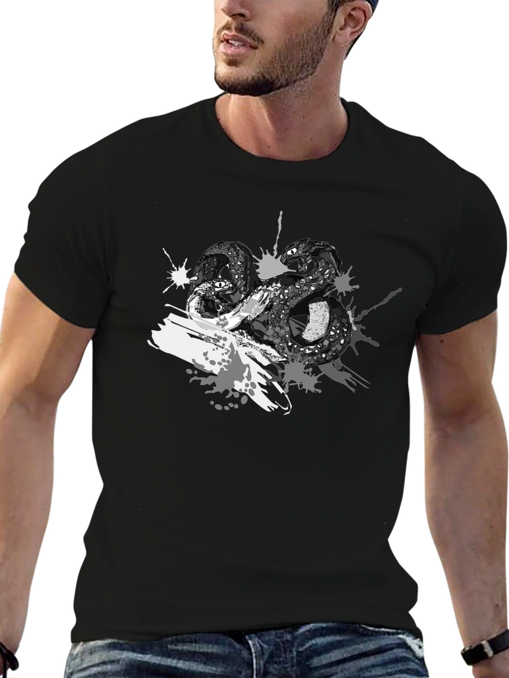 Mens Black T-Shirt with Snake Print
