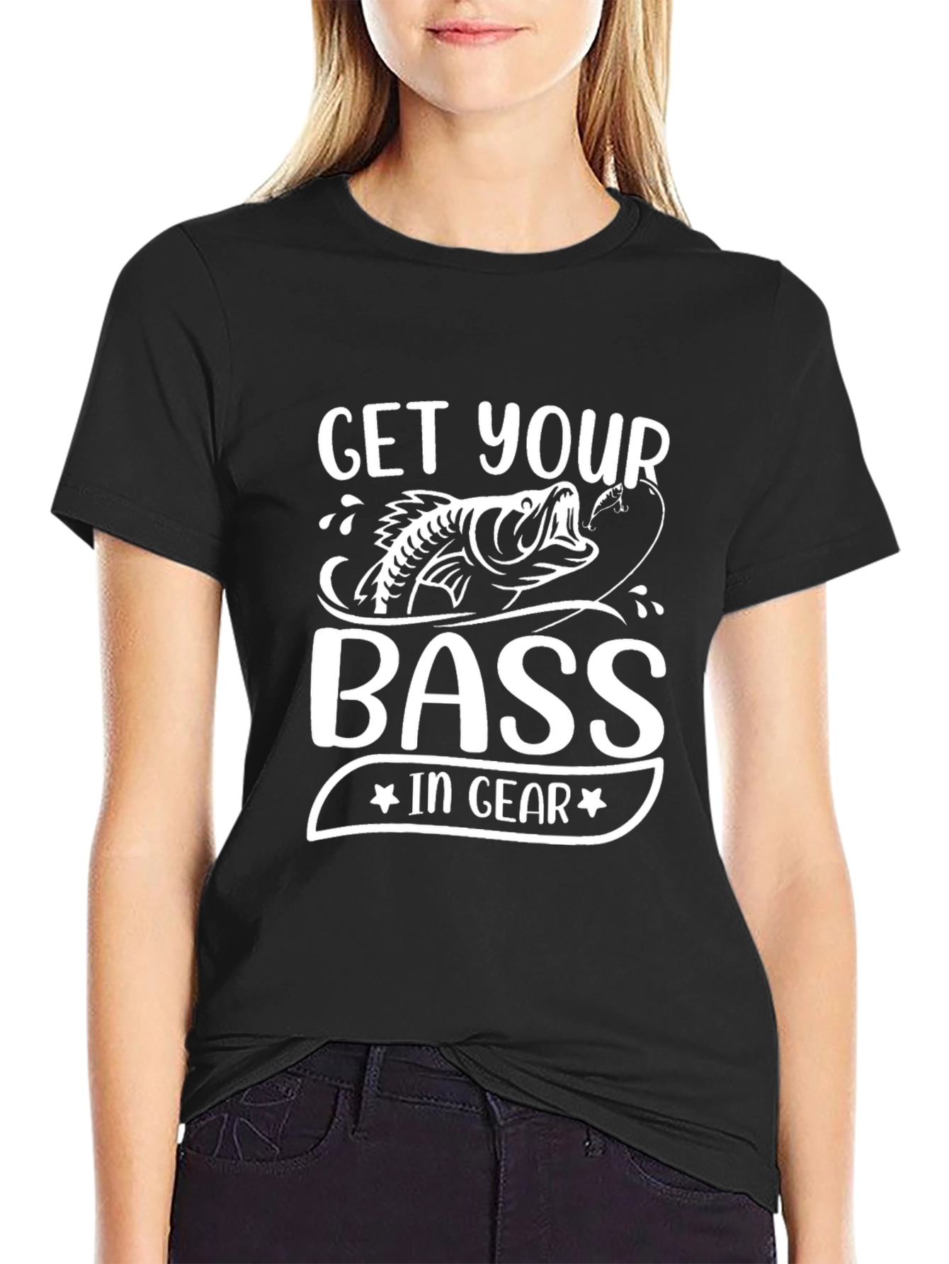 Get Your Bass in Gear Black Graphic Tee Fishing Shirt