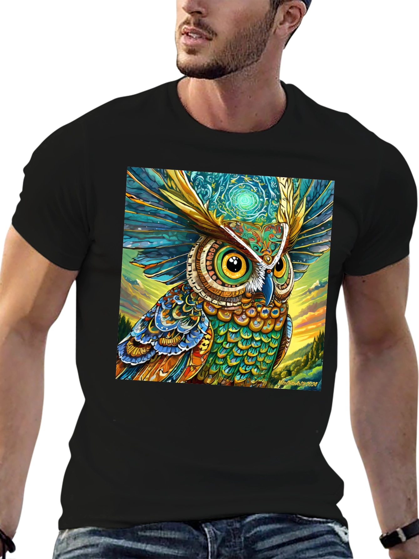 Owl Art Print Black Tee