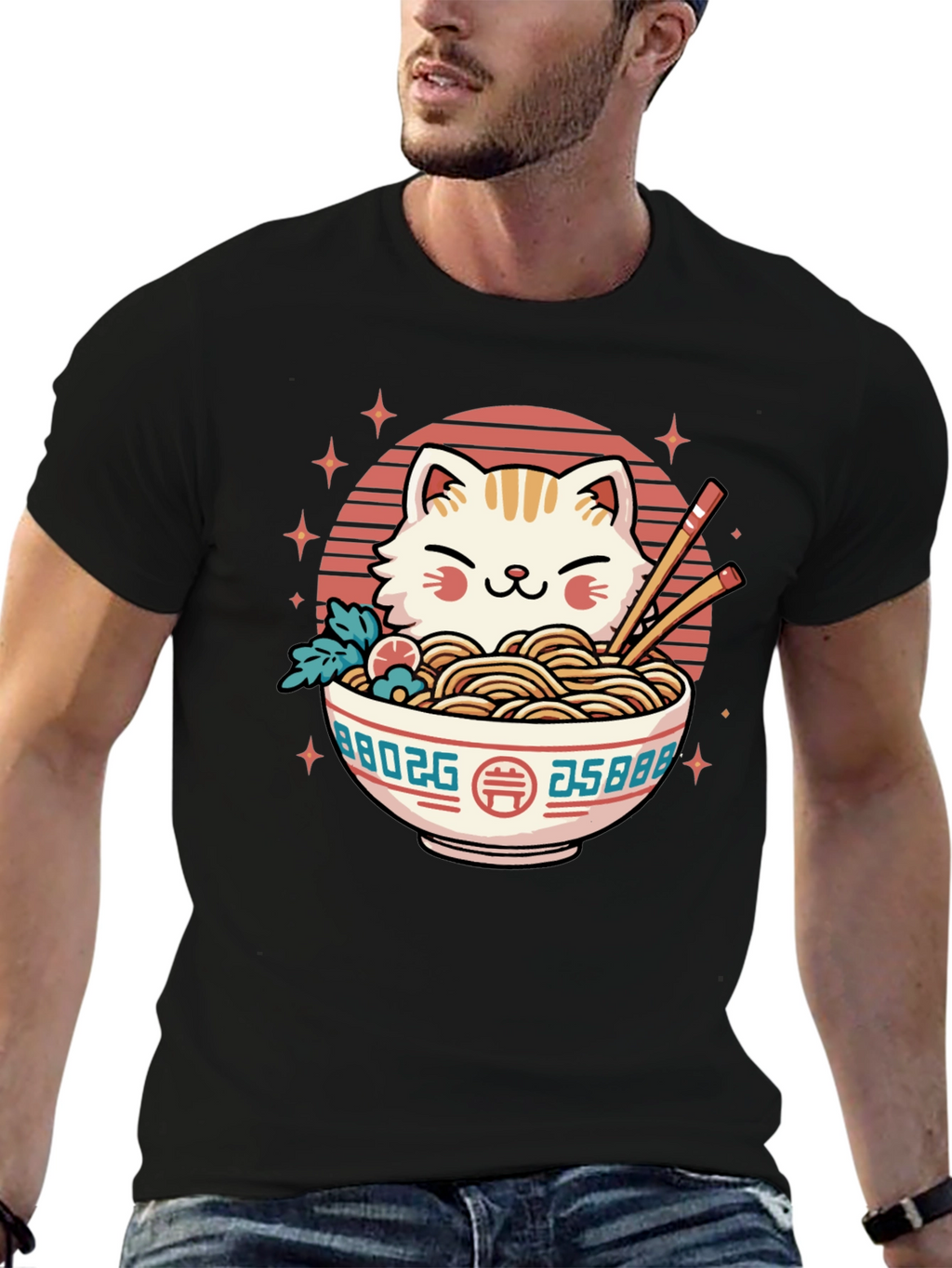 Cat Ramen Bowl Black T-Shirt