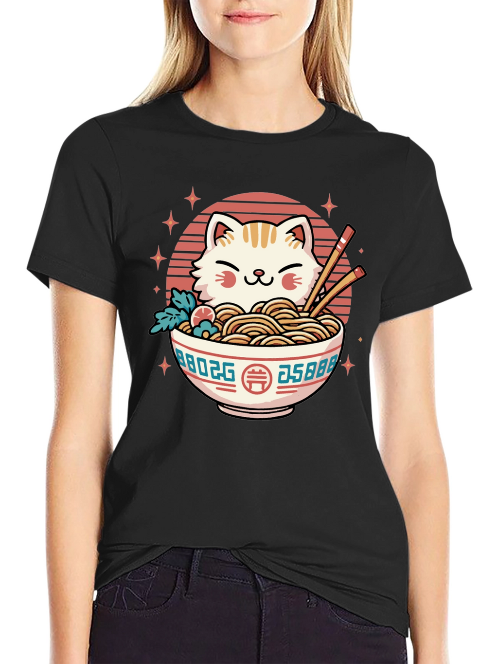 Cat Ramen Bowl Black T-Shirt