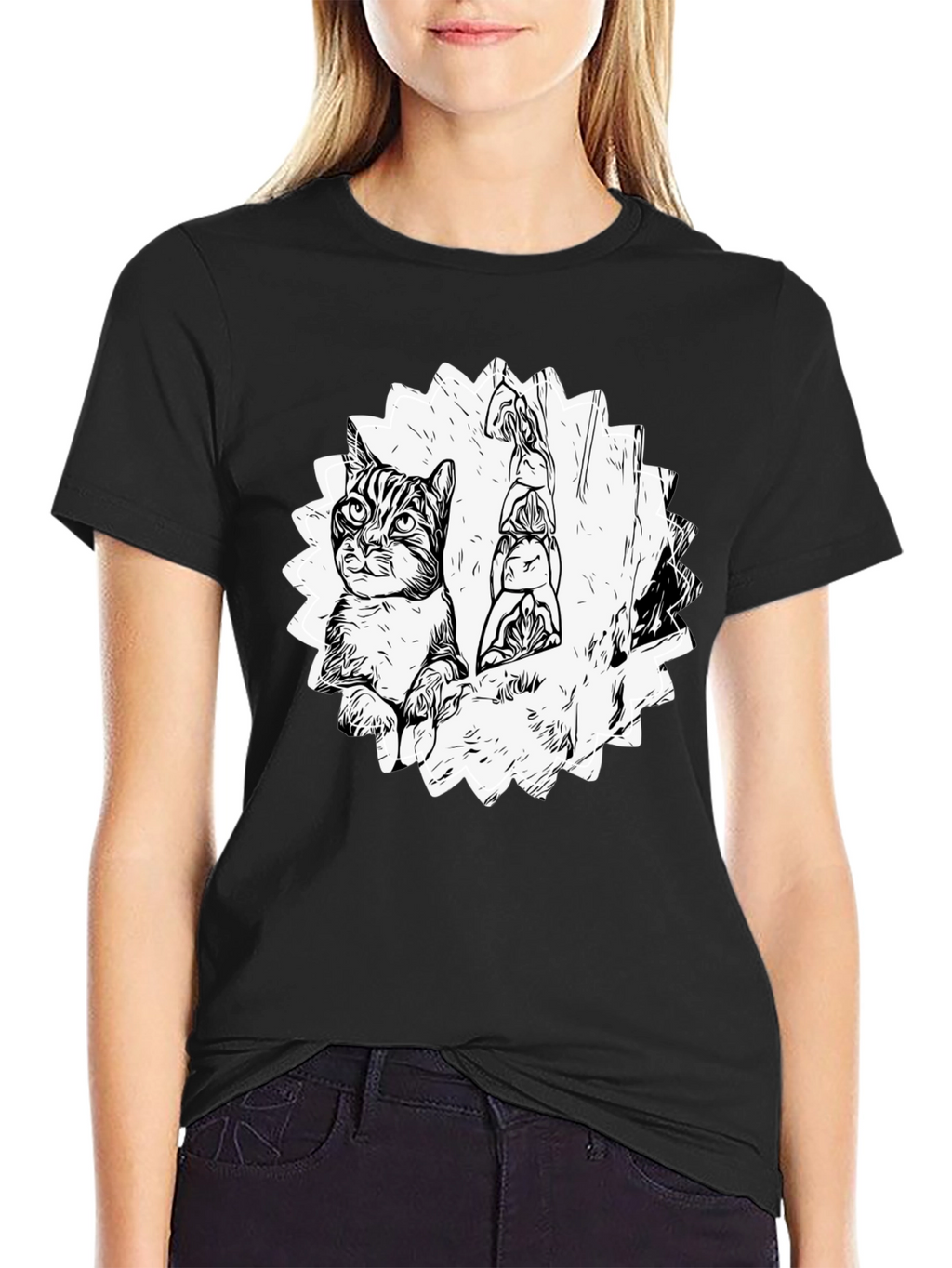 Cool Cat & Totem Pole Graphic Tee - Black