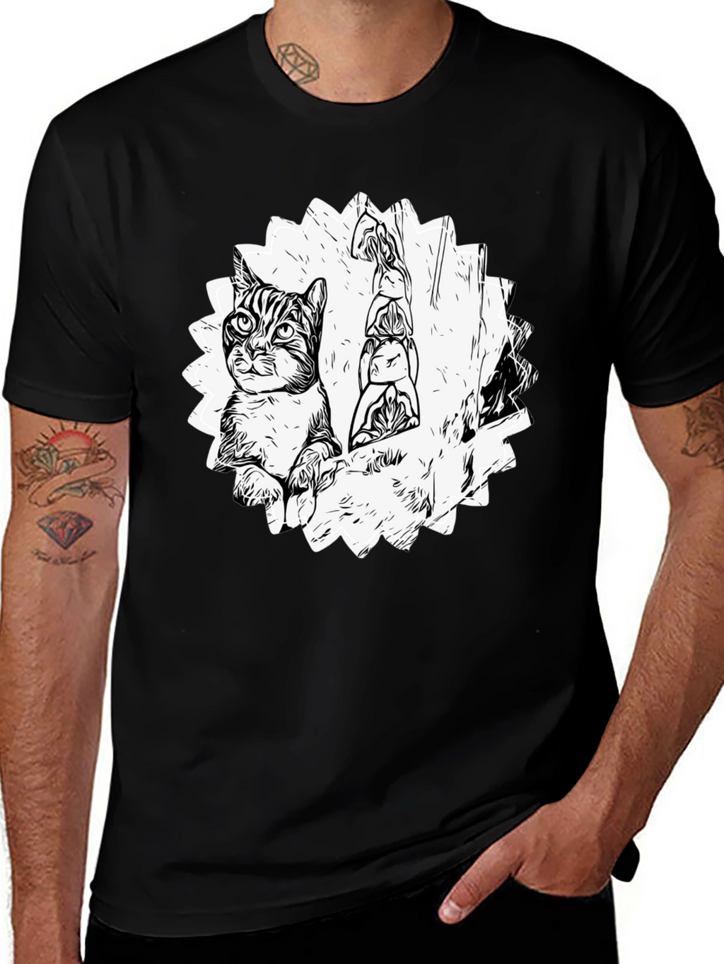 Cool Cat & Totem Pole Graphic Tee - Black