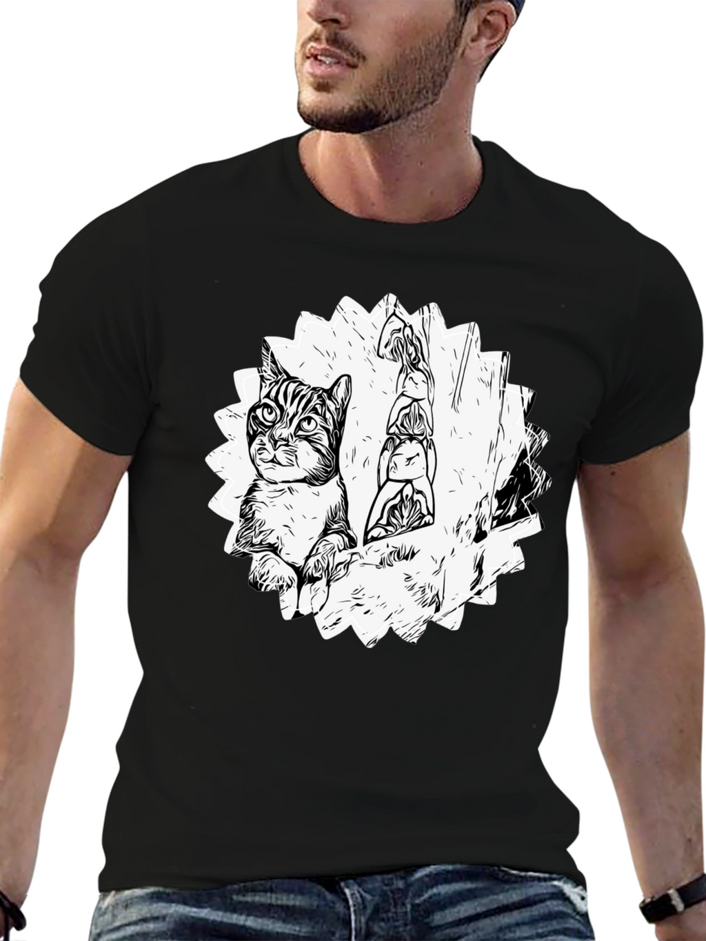Cool Cat & Totem Pole Graphic Tee - Black