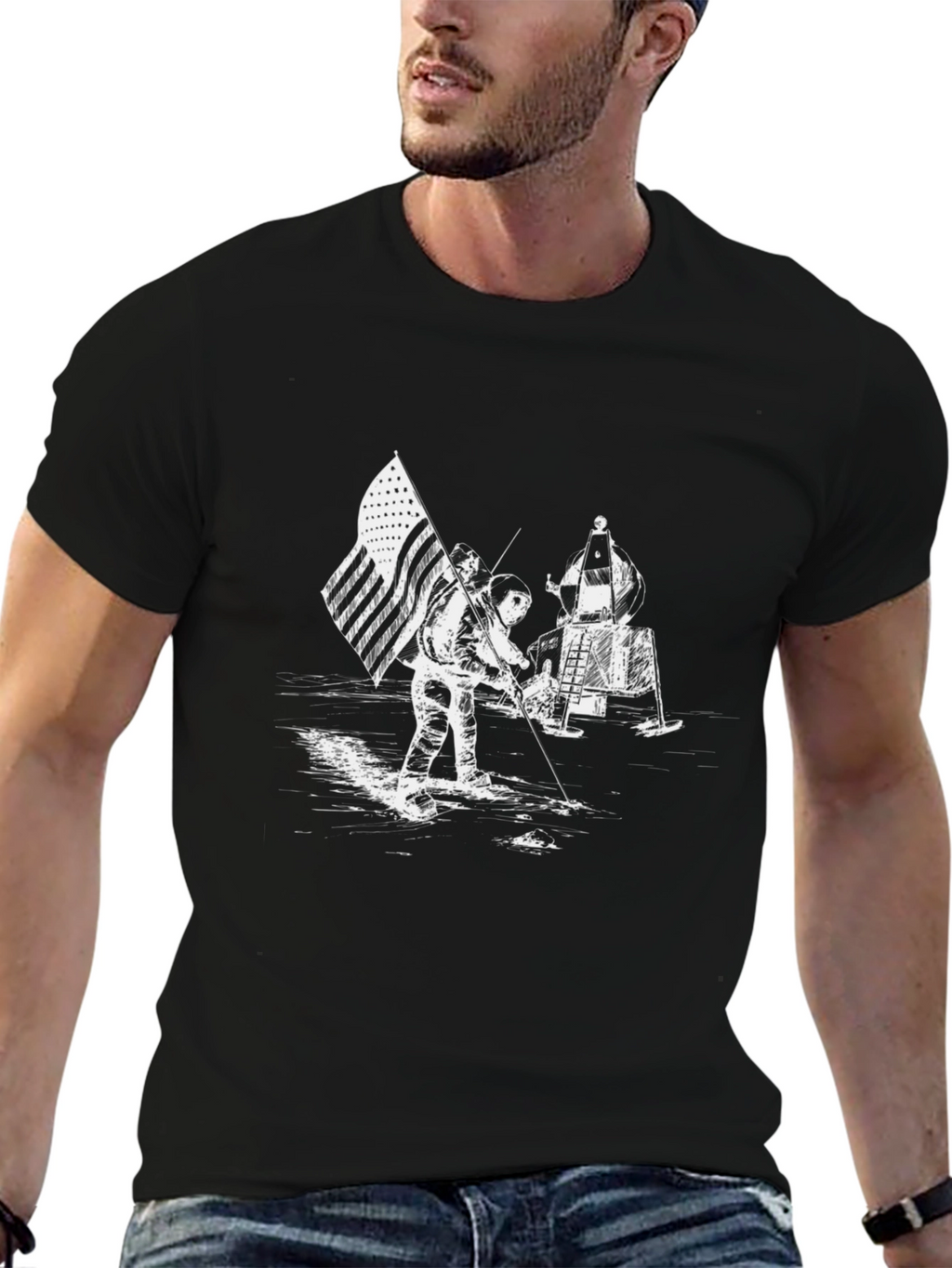 Moon Landing Graphic Tee - Black Crew Neck