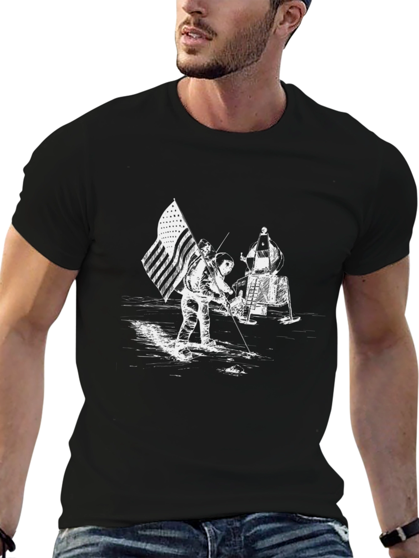 Moon Landing Graphic Tee - Black Crew Neck