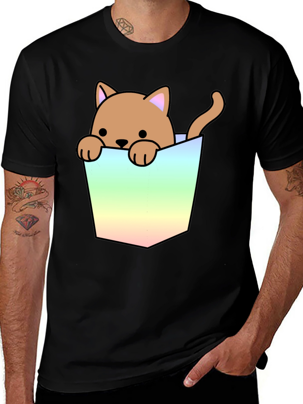 Cute Cat in Pocket Graphic T-Shirt